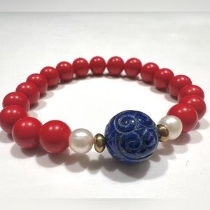 Natural Cinnabar + Lazurite + real freshwater Pearl bracelet